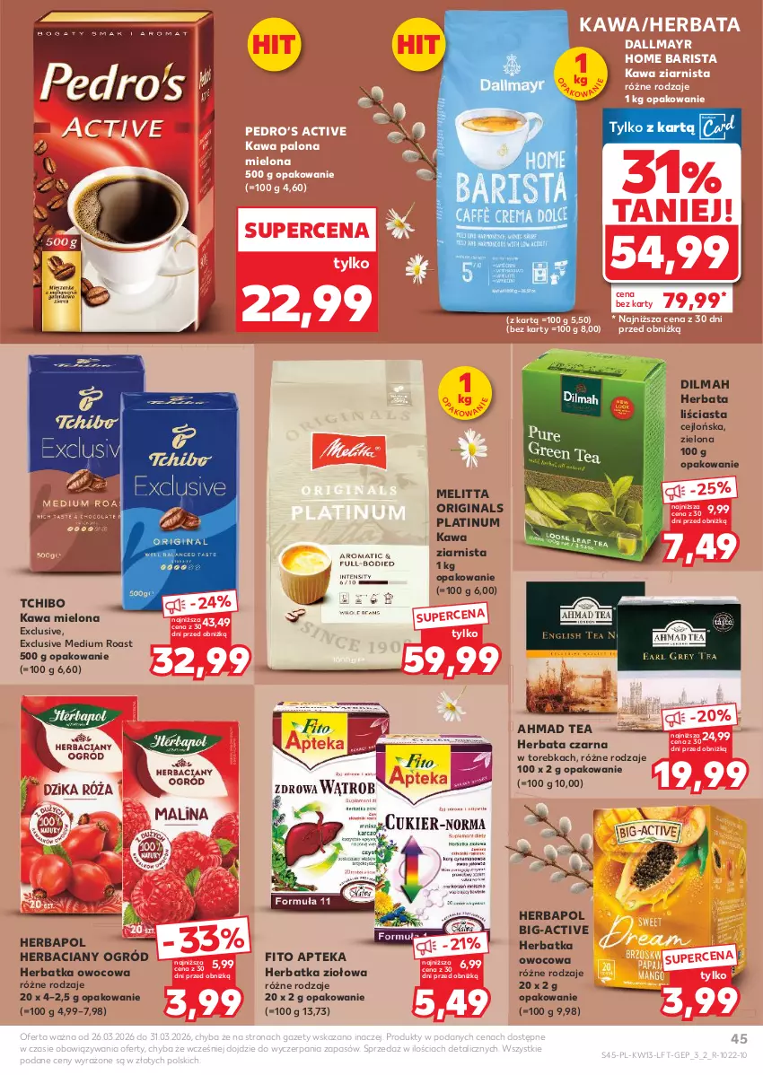 Gazetka promocyjna Kaufland - Gazetka tygodnia - ważna 26.03 do 31.03.2026 - strona 45 - produkty: Apteka, Dallmayr, Dilmah, Gin, Herbapol, Herbata, Herbata czarna, Kawa, Kawa mielona, Kawa ziarnista, Ogród, Tchibo, Torebka