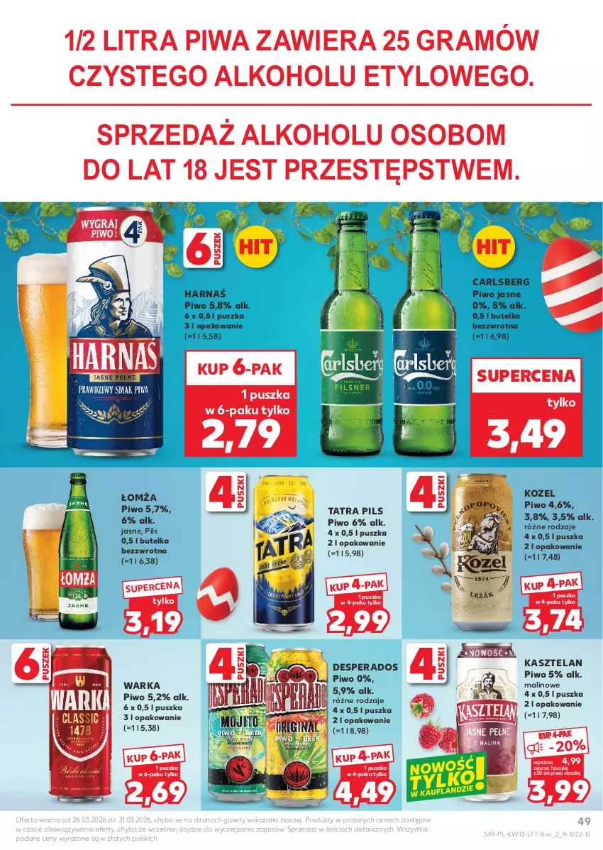 Gazetka promocyjna Kaufland - Gazetka tygodnia - ważna 26.03 do 31.03.2026 - strona 49 - produkty: Carlsberg, Desperados, Gra, Harnaś, Kasztelan, Kozel, Piwa, Piwo, Piwo jasne, Tatra, Warka
