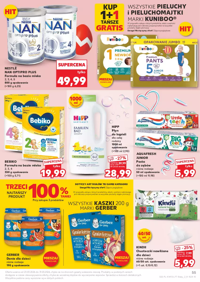 Gazetka promocyjna Kaufland - Gazetka tygodnia - ważna 26.03 do 31.03.2026 - strona 55 - produkty: Aquafresh, Bebiko, Chusteczki, Danie dla dzieci, Dzieci, Gerber, Gra, HiPP, Kindii, Majtki, NAN Optipro, Nestlé, Pasta do zębów, Pieluchomajtki, Pieluchy, Płyn do kąpieli, Por, Waga