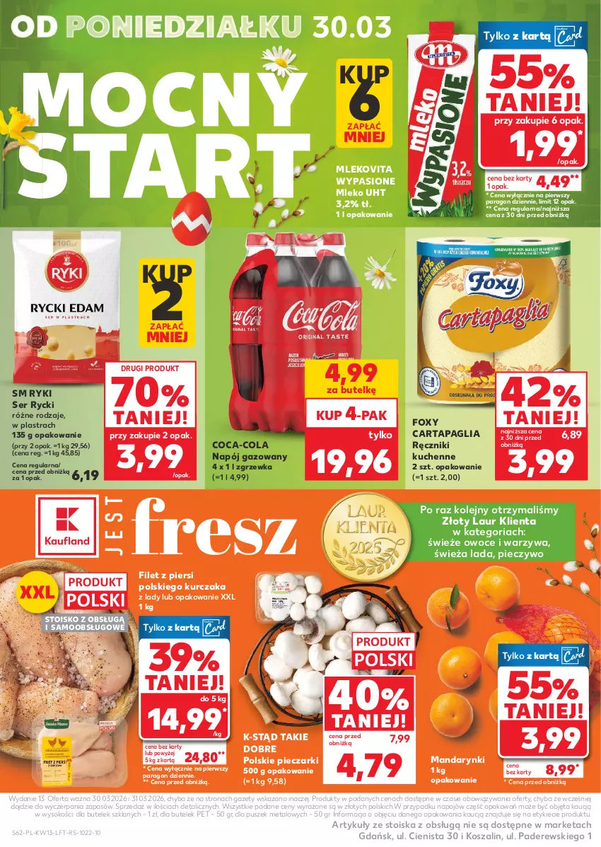 Gazetka promocyjna Kaufland - Gazetka tygodnia - ważna 26.03 do 31.03.2026 - strona 62 - produkty: Coca-Cola, Foxy, Kosz, Kurczak, Laur, Mandarynki, Mleko, Mlekovita, Napój, Napój gazowany, Olej, Owoce, Piec, Pieczywo, Ręcznik, Ser, Sok, Szal, Warzywa