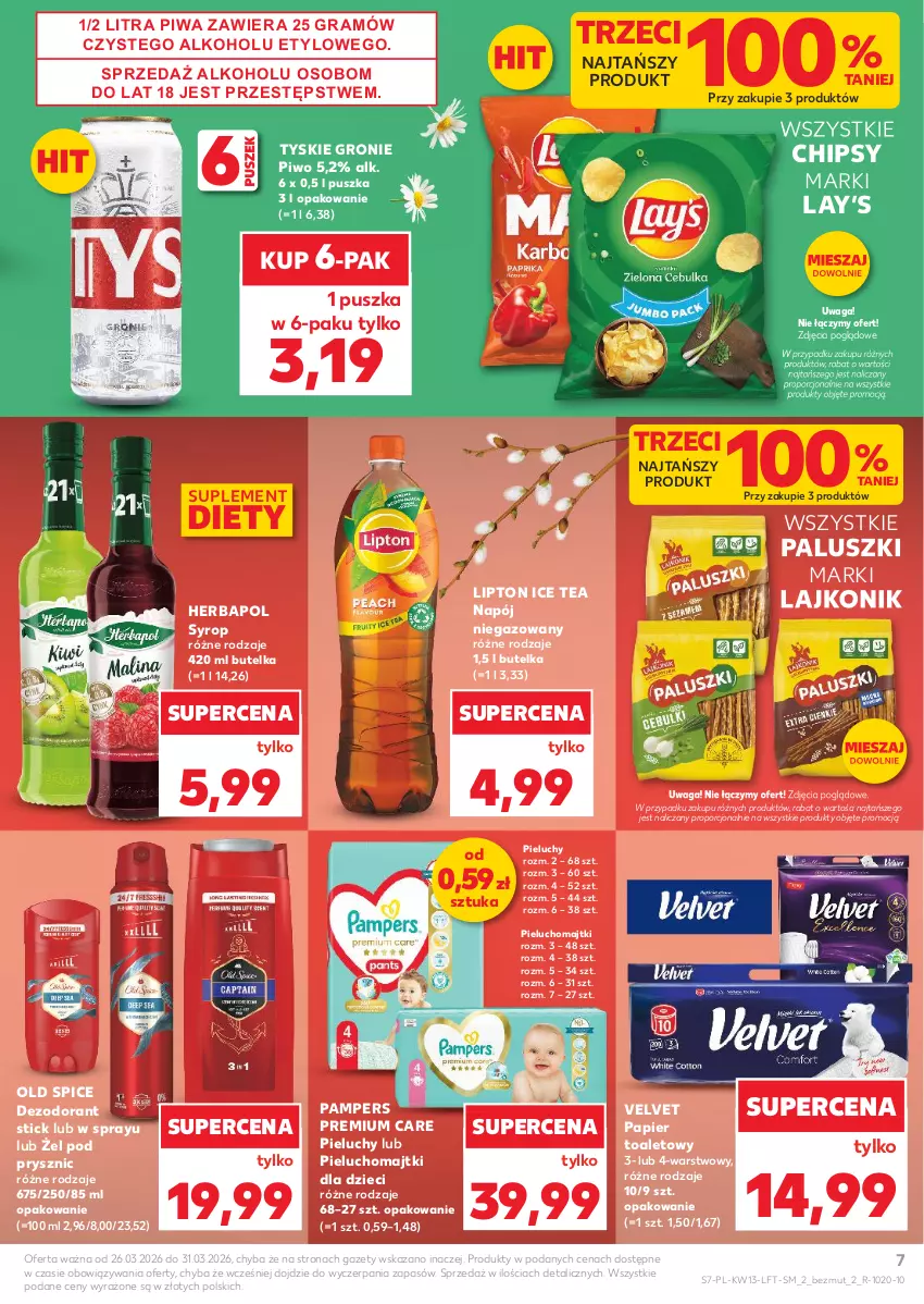 Gazetka promocyjna Kaufland - Gazetka tygodnia - ważna 26.03 do 31.03.2026 - strona 7 - produkty: Chipsy, Dezodorant, Dzieci, Gra, Herbapol, Ice tea, Lajkonik, Lay’s, Lipton, Majtki, Napój, Napój niegazowany, Old Spice, Pampers, Papier, Papier toaletowy, Pieluchomajtki, Pieluchy, Piwa, Piwo, Por, Suplement diety, Syrop, Tyskie, Velvet, Waga