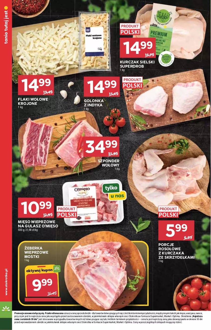 Gazetka promocyjna Stokrotka - Supermarket - ważna 02.07 do 08.07.2026 - strona 14 - produkty: Flaki, Flaki wołowe, Golonka z indyka, Kurczak, Mięso, Mięso wieprzowe, Optima, Owoce, Por, Szponder wołowy, Warzywa