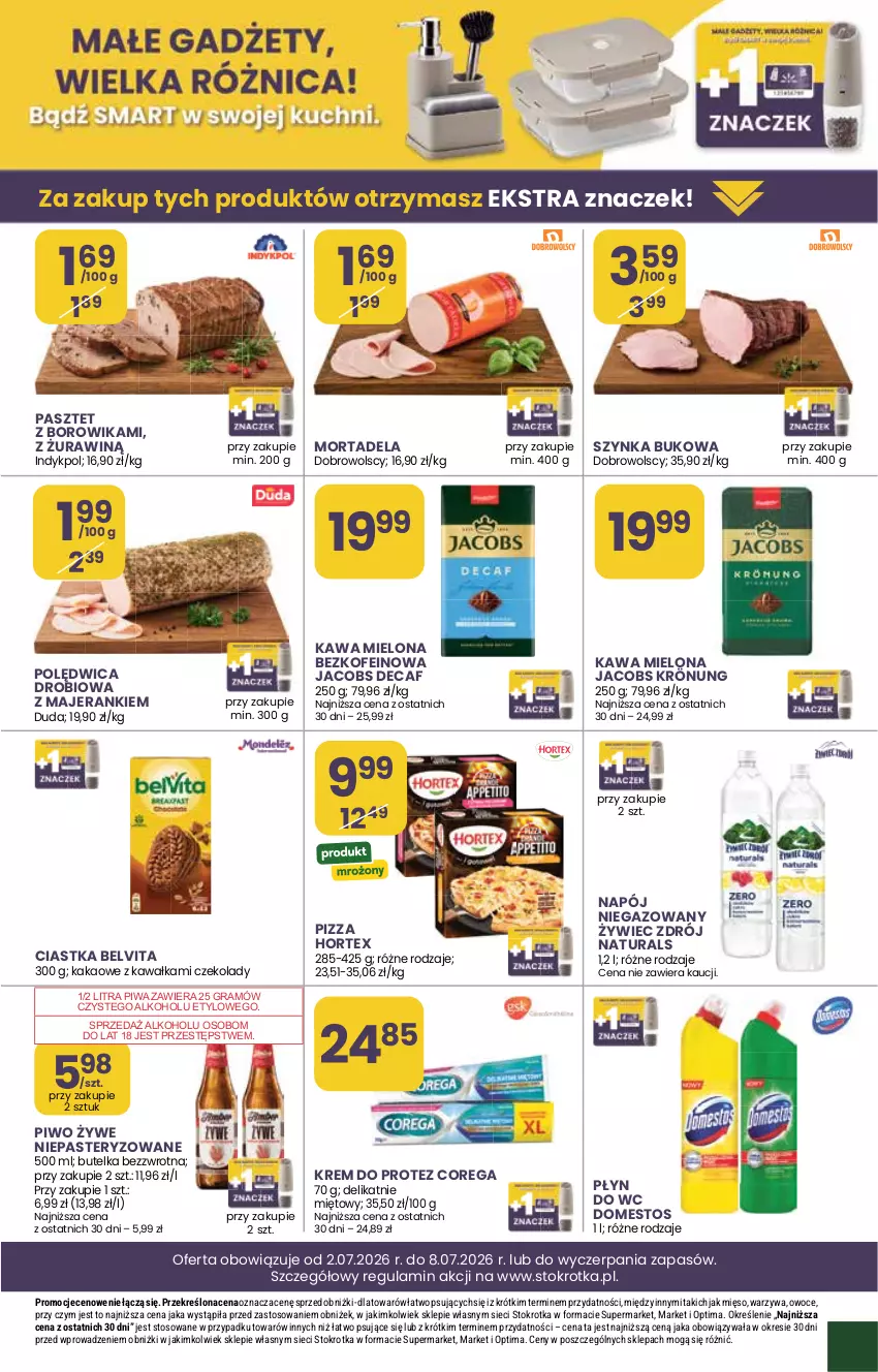 Gazetka promocyjna Stokrotka - Supermarket - ważna 02.07 do 08.07.2026 - strona 15 - produkty: BelVita, Ciastka, Corega, Domestos, Duda, Gra, Hortex, Jacobs, Jacobs Krönung, Kakao, Kawa, Kawa mielona, Mięso, Napój, Napój niegazowany, Optima, Owoce, Pasztet, Piwa, Piwo, Pizza, Płyn do wc, Polędwica, Szynka, Warzywa