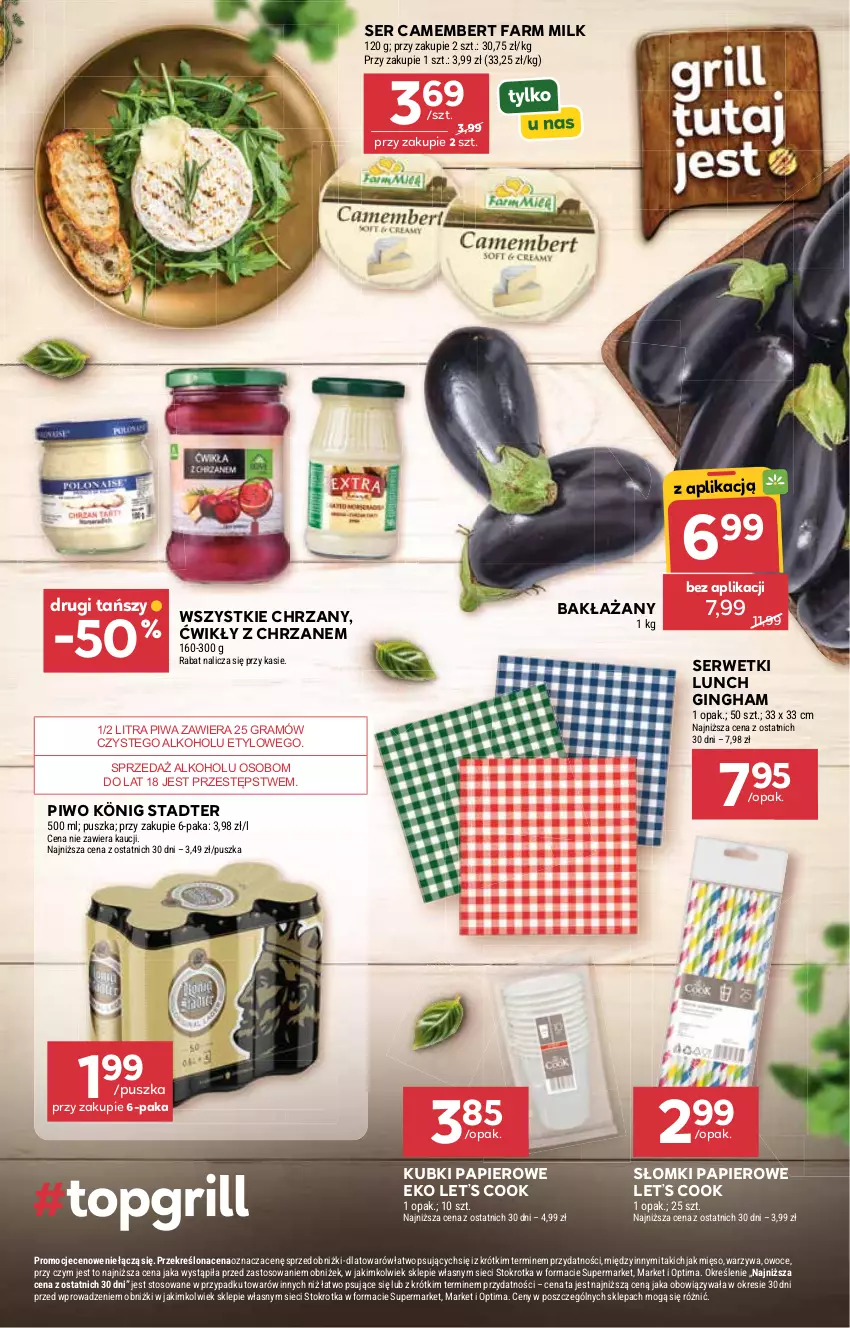 Gazetka promocyjna Stokrotka - Supermarket - ważna 02.07 do 08.07.2026 - strona 17 - produkty: Camembert, Chrzan, Fa, Farm Milk, Gin, Gra, König, Mięso, Optima, Owoce, Papier, Piwa, Piwo, Ser, Serwetki, Warzywa