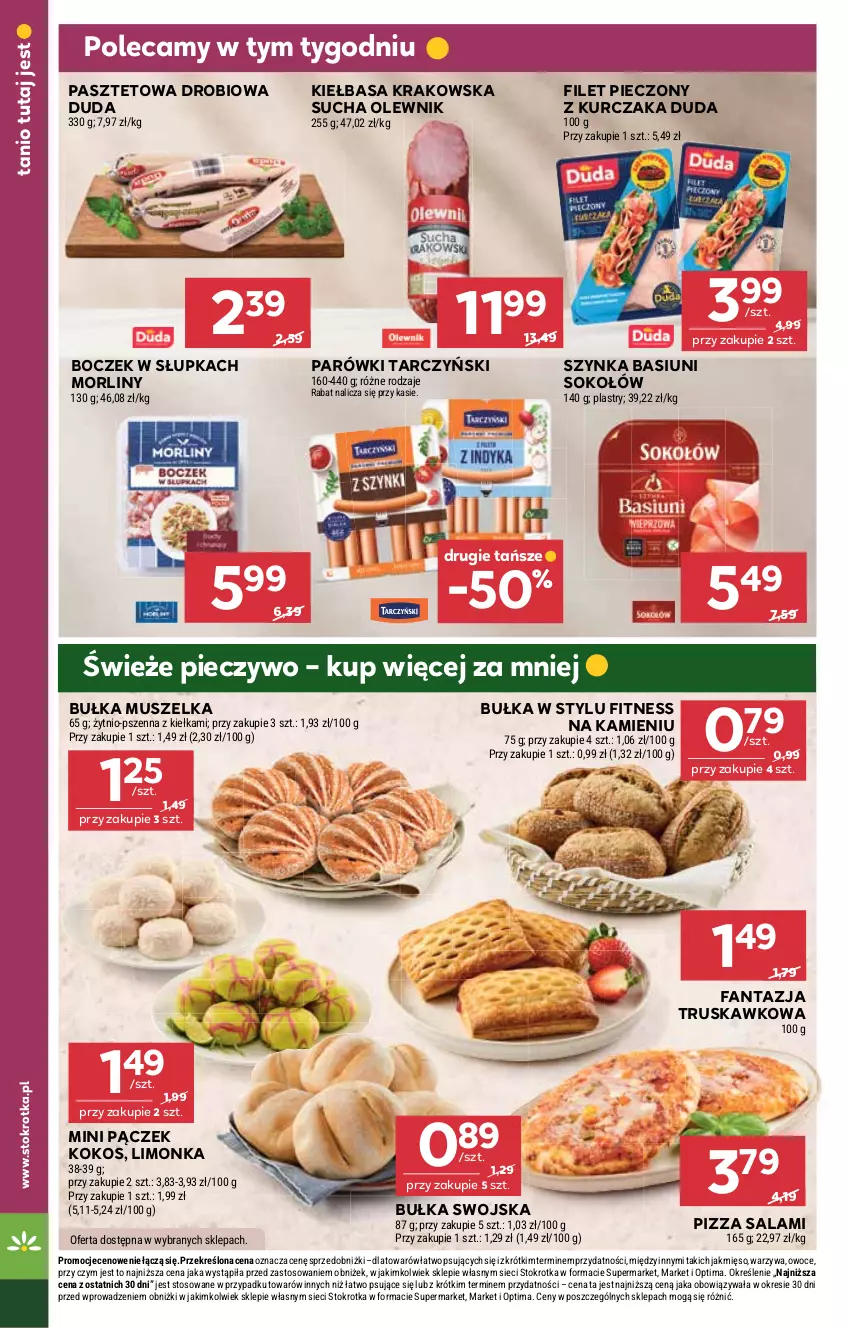 Gazetka promocyjna Stokrotka - Supermarket - ważna 02.07 do 08.07.2026 - strona 20 - produkty: Boczek, Bułka, Duda, Fa, Fanta, Kiełbasa, Kiełbasa krakowska, Kokos, Kurczak, Limonka, Mięso, Morliny, Mus, Olewnik, Optima, Owoce, Pączek, Parówki, Pasztet, Piec, Pieczywo, Pizza, Salami, Sok, Sokołów, Szynka, Tarczyński, Warzywa