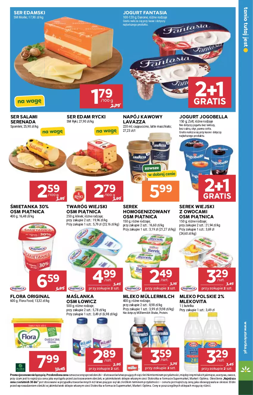 Gazetka promocyjna Stokrotka - Supermarket - ważna 02.07 do 08.07.2026 - strona 21 - produkty: Bell, Bella, Cappuccino, Chia, Danone, Edam, Fa, Fanta, Flora, Gin, Gra, Jogobella, Jogurt, Lavazza, Maślanka, Mięso, Mleko, Mlekovita, Müller, Müllermilch, Napój, Optima, Owoce, Panna cotta, Piątnica, Salami, Ser, Ser salami, Serek, Serek homogenizowany, Serek wiejski, Twaróg, Warzywa, Zott