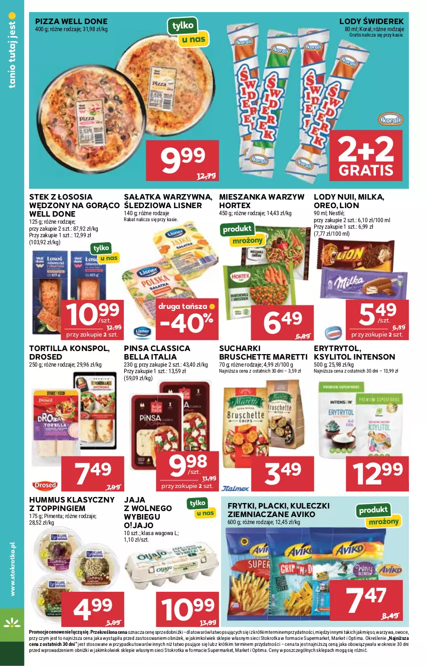 Gazetka promocyjna Stokrotka - Supermarket - ważna 02.07 do 08.07.2026 - strona 30 - produkty: Bell, Bella, Bruschette, Frytki, Gra, Hortex, Hummus, Jaja, Jaja z wolnego wybiegu, Ksylitol, Lack, Lion, Lisner, Lody, Mięso, Mieszanka warzyw, Milka, Mus, Nestlé, Optima, Oreo, Owoce, Pizza, Sałat, Sałatka, Sałatka warzywna, Sos, Stek, Top, Tortilla, Warzywa