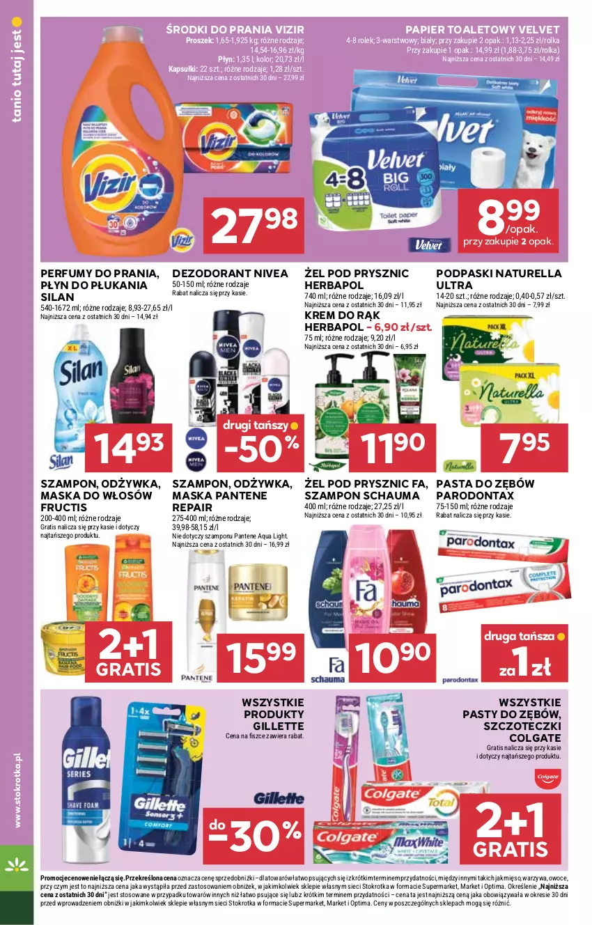 Gazetka promocyjna Stokrotka - Supermarket - ważna 02.07 do 08.07.2026 - strona 34 - produkty: Colgate, Dezodorant, Fa, Fructis, Gillette, Gra, Herbapol, Krem do rąk, LG, Maska, Maska do włosów, Mięso, Naturell, Naturella, Nivea, Odżywka, Optima, Owoce, Pantene, Papier, Papier toaletowy, Parodontax, Pasta do zębów, Perfum, Płyn do płukania, Podpaski, Schauma, Silan, Szampon, Velvet, Vizir, Warzywa
