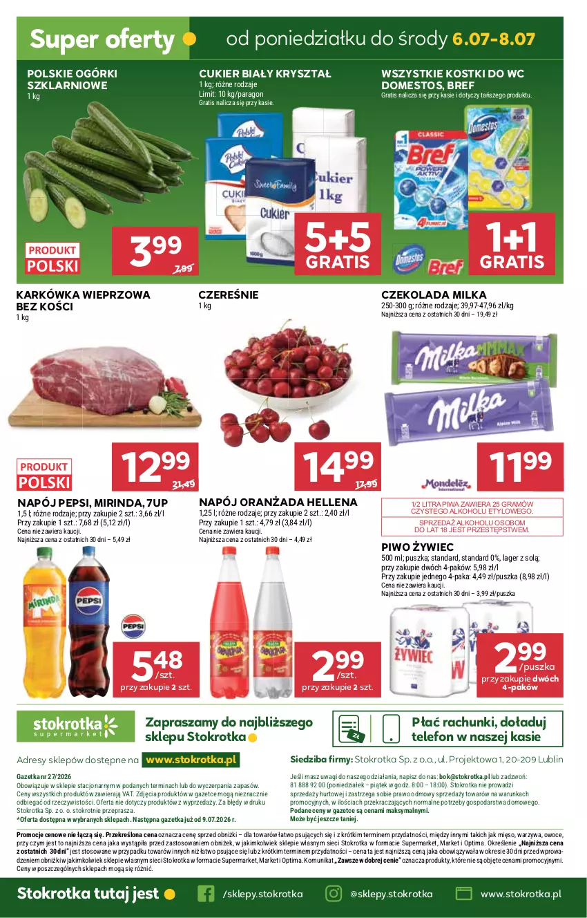 Gazetka promocyjna Stokrotka - Supermarket - ważna 02.07 do 08.07.2026 - strona 41 - produkty: 7up, Bref, Cukier, Czekolada, Domestos, Dres, Gra, Hellena, JBL, Karkówka wieprzowa, Mięso, Milka, Mirinda, Napój, O nas, Optima, Oranżada, Owoce, Pepsi, Piwa, Piwo, Telefon, Wagi, Warzywa