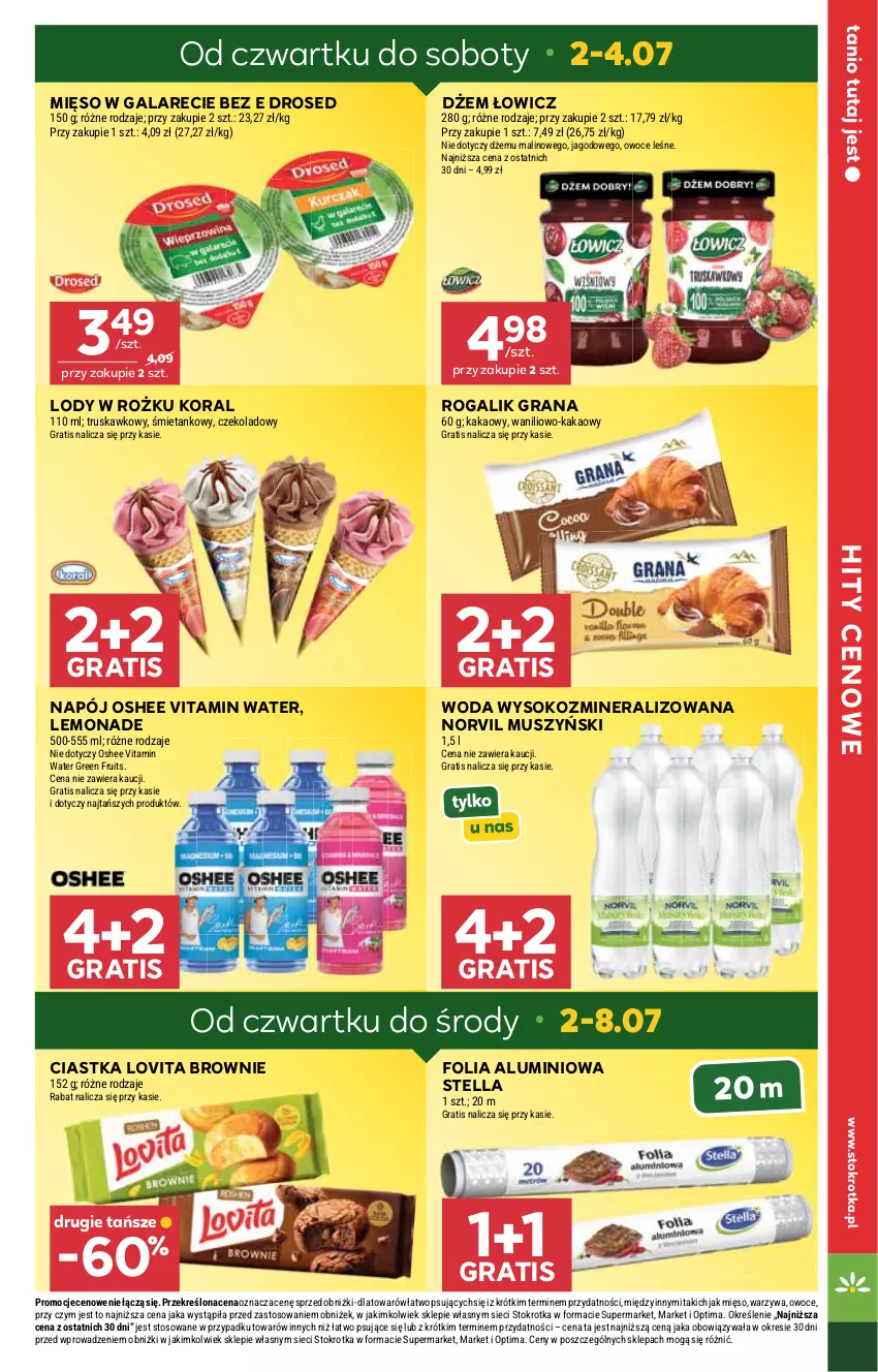 Gazetka promocyjna Stokrotka - Supermarket - ważna 02.07 do 08.07.2026 - strona 5 - produkty: Brownie, Ciastka, Dżem, Folia aluminiowa, Gala, Gra, Kakao, Lody, Lovi, Mięso, Mięso w galarecie, Mus, Napój, Optima, Oshee, Owoce, Rogal, Sok, Warzywa, Woda
