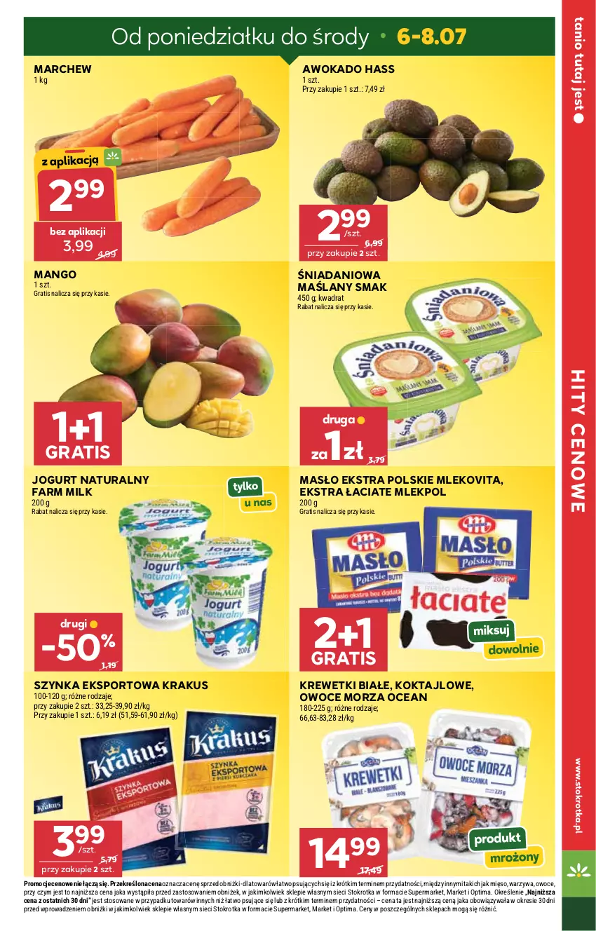 Gazetka promocyjna Stokrotka - Supermarket - ważna 02.07 do 08.07.2026 - strona 7 - produkty: Danio, Fa, Farm Milk, Gra, Jogurt, Jogurt naturalny, Krakus, Krewetki, Mango, Masło, Mięso, Mleko, Mlekovita, Optima, Owoce, Owoce morza, Por, Sport, Szynka, Warzywa
