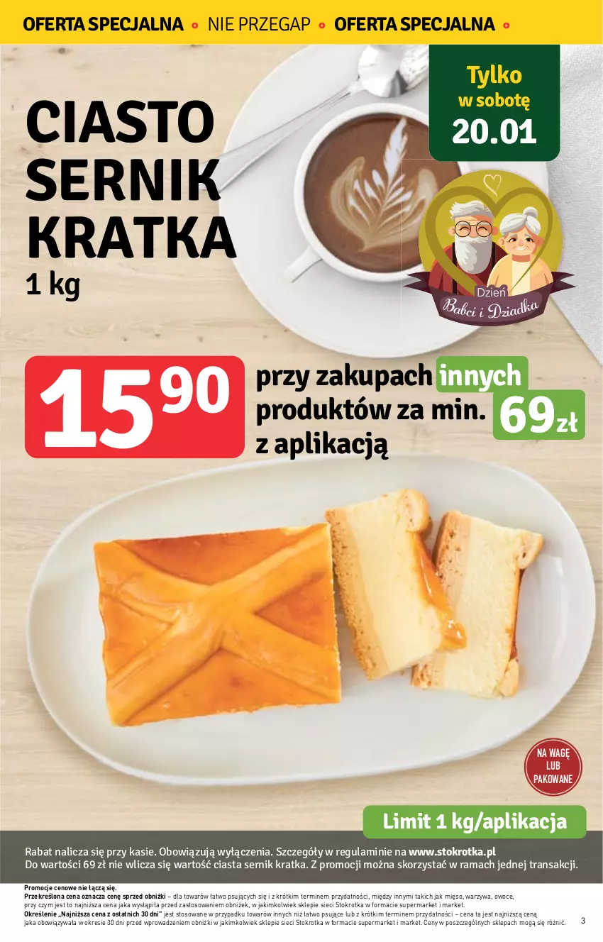 Gazetka promocyjna Stokrotka - Market - ważna 18.01 do 24.01.2024 - strona 3 - produkty: Ciasto sernik, Mięso, Owoce, Rama, Ser, Tran, Warzywa