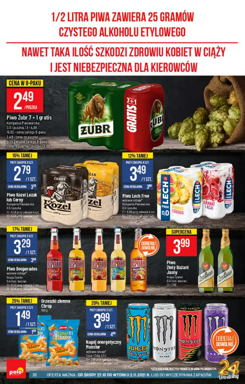 Gazetka promocyjna PoloMarket - Gazetka pomocyjna - ważna 27.10 do 02.11.2021 - strona 36 - produkty: Desperados, Gra, Kozel, Napój, Napój energetyczny, Orzeszki, Orzeszki ziemne, Piec, Piwa, Piwo