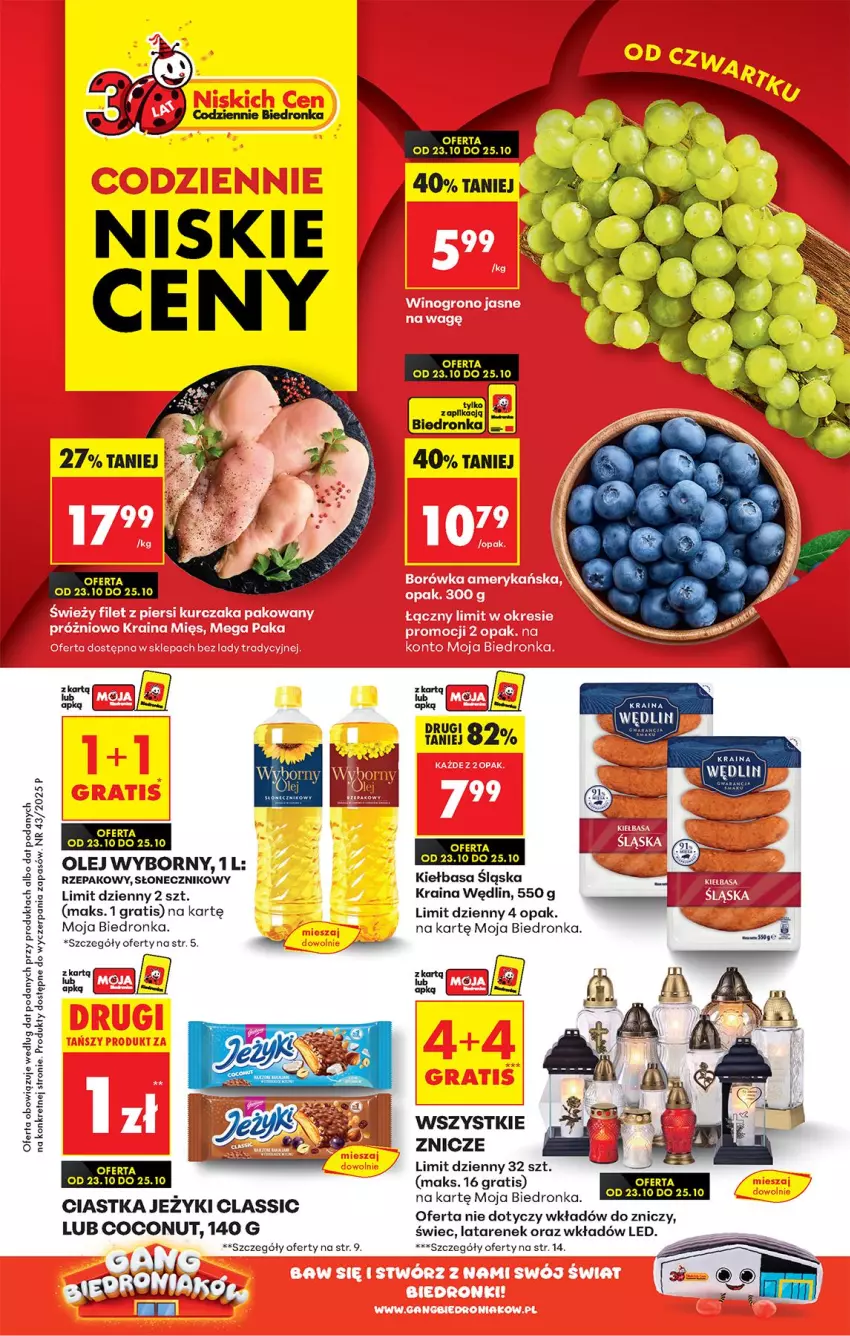Gazetka promocyjna Biedronka - Od Czwartku - ważna 23.10 do 29.10.2025 - strona 1 - produkty: Ciastka, Fa, Gra, Jeżyki, Kiełbasa, Kiełbasa śląska, Kret, Olej, Znicz