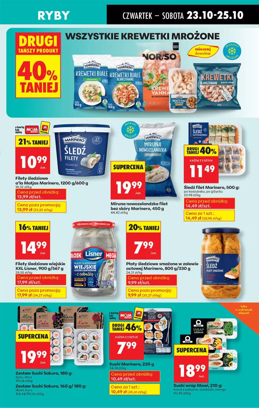 Gazetka promocyjna Biedronka - Od Czwartku - ważna 23.10 do 29.10.2025 - strona 39 - produkty: Krewetki, Lisner, Matjas, Miruna, Płaty śledziowe, Sushi