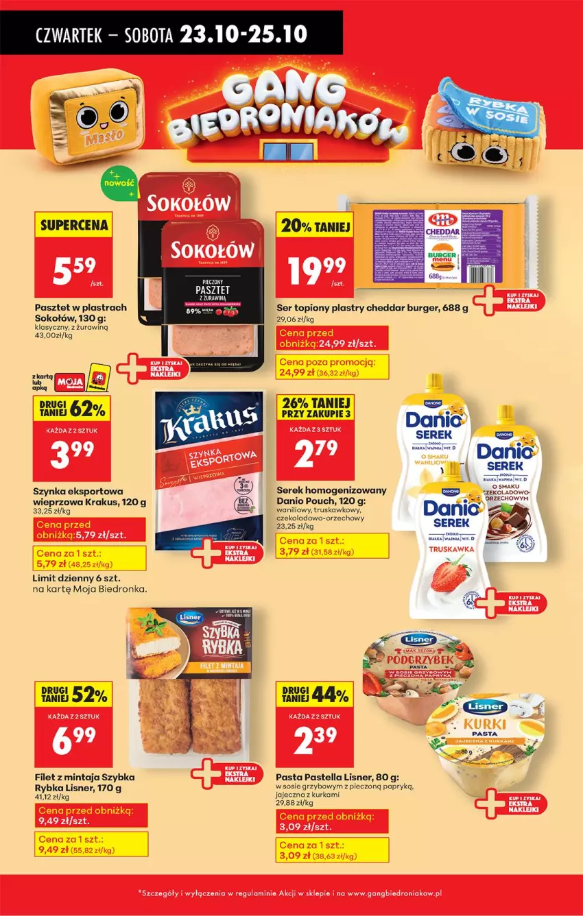 Gazetka promocyjna Biedronka - Od Czwartku - ważna 23.10 do 29.10.2025 - strona 73 - produkty: Burger, Cheddar, Danio, Filet z mintaja, Krakus, Lisner, Mintaj, Pastella, Pasztet, Piec, Por, Ser, Ser topiony, Serek, Serek homogenizowany, Sok, Sokołów, Sos, Sport, Szynka, Top