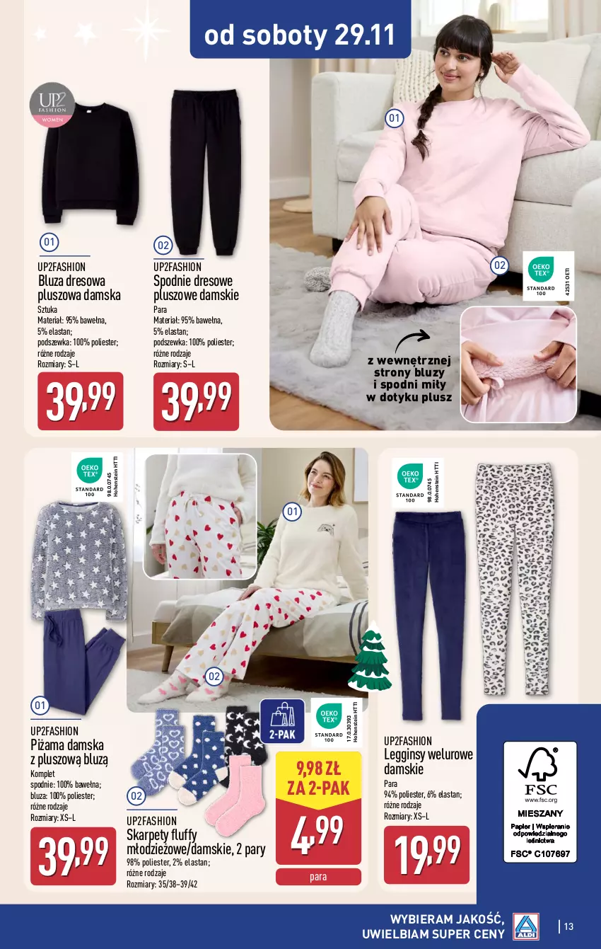 Gazetka promocyjna Aldi - Artykuły przemysłowe i tekstylia - ważna 26.11 do 29.11.2025 - strona 13 - produkty: Bluza, Bluza dresowa, Dres, Fa, Gin, Karp, Legginsy, Piżama, Spodnie, Spodnie dresowe, Wełna