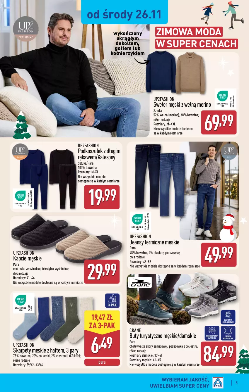 Gazetka promocyjna Aldi - Artykuły przemysłowe i tekstylia - ważna 26.11 do 29.11.2025 - strona 5 - produkty: Buty, Fa, Kalesony, Kapcie, Karp, Kosz, Moda, Podkoszulek, Sony, Sweter, Wełna
