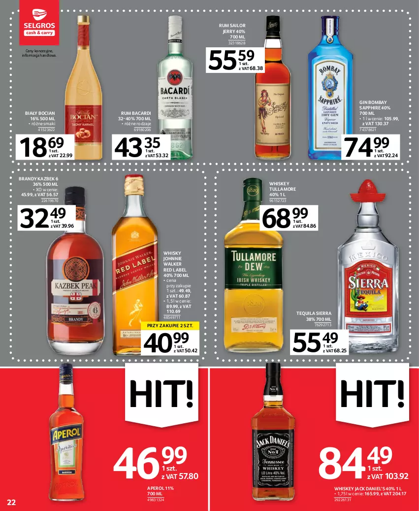 Gazetka promocyjna Selgros - Oferta spożywcza - ważna 16.02 do 01.03.2023 - strona 22 - produkty: Aperol, Bacardi, Biały Bocian, Brandy, Gin, Johnnie Walker, Rum, Tequila, Whiskey, Whisky