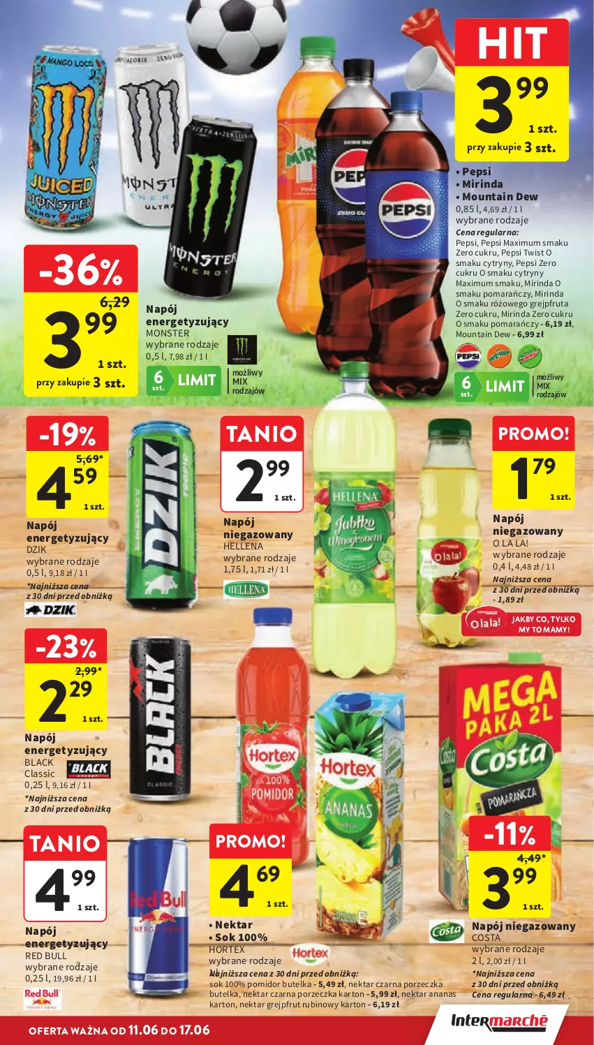 Gazetka promocyjna Intermarche - Gazetka promocyjna - ważna 11.06 do 17.06.2026 - strona 11 - produkty: Ananas, Cytryny, Grejpfrut, Hellena, Hortex, Lack, Mirinda, Napój, Napój niegazowany, Nektar, Pepsi, Pepsi max, Por, Red Bull, Rubin, Sok