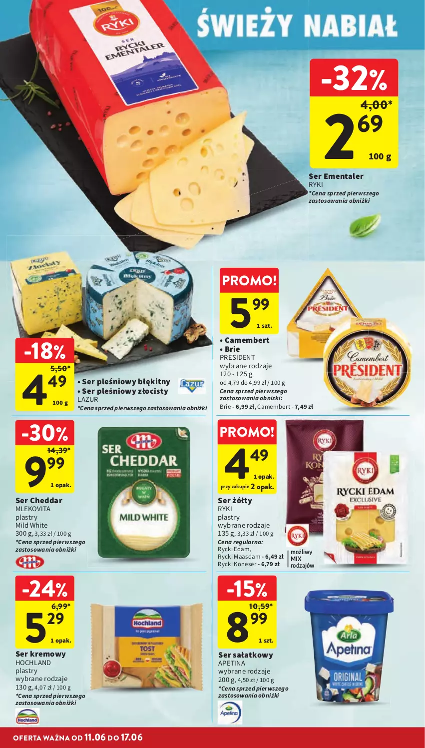 Gazetka promocyjna Intermarche - Gazetka promocyjna - ważna 11.06 do 17.06.2026 - strona 30 - produkty: Brie, Camembert, Cheddar, Edam, Ementaler, Hochland, Lazur, Maasdam, Mleko, Mlekovita, Rycki Edam, Sałat, Ser, Ser pleśniowy