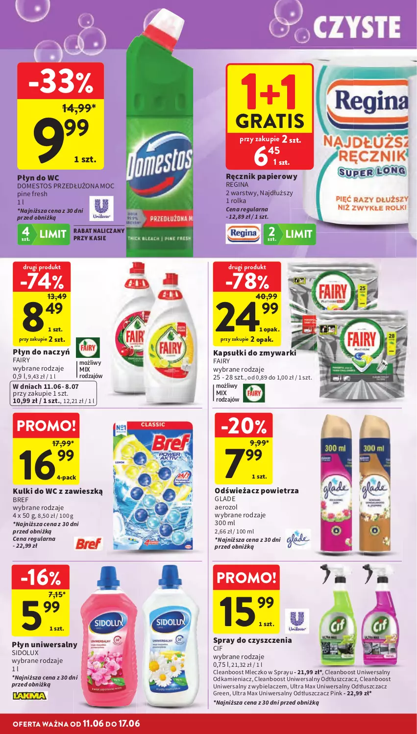 Gazetka promocyjna Intermarche - Gazetka promocyjna - ważna 11.06 do 17.06.2026 - strona 42 - produkty: Bref, Cif, Domestos, Fa, Fairy, Gin, Gra, Kulki do wc, Mleczko, Odkamieniacz, Odświeżacz powietrza, Odtłuszczacz, Papier, Płyn do wc, Ręcznik, Sidolux, Spray do czyszczenia, Zmywarki