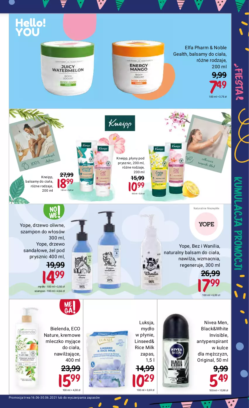 Gazetka promocyjna Rossmann - Fiesta - ważna 16.06 do 30.06.2021 - strona 15 - produkty: Antyperspirant, Balsam do ciała, Bielenda, Fa, Gin, Kneipp, Lack, Luksja, Mleczko, Mydło, Mydło w płynie, Nivea, Nivea Men, Sandał, Szampon, Yope