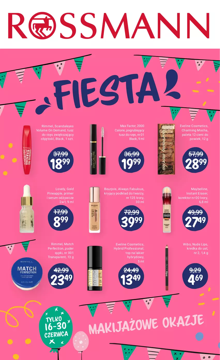 Gazetka promocyjna Rossmann - Fiesta - ważna 16.06 do 30.06.2021 - strona 32 - produkty: Always, Bell, Bourjois, Eveline, Fa, Kredka, Lack, Lakier, Lakier hybrydowy, Lovely, Max Factor, Maybelline, Paleta, Podkład, Podkład do twarzy, Puder, Rum, Ser, Serum, Top, Tran, Tusz, Wibo