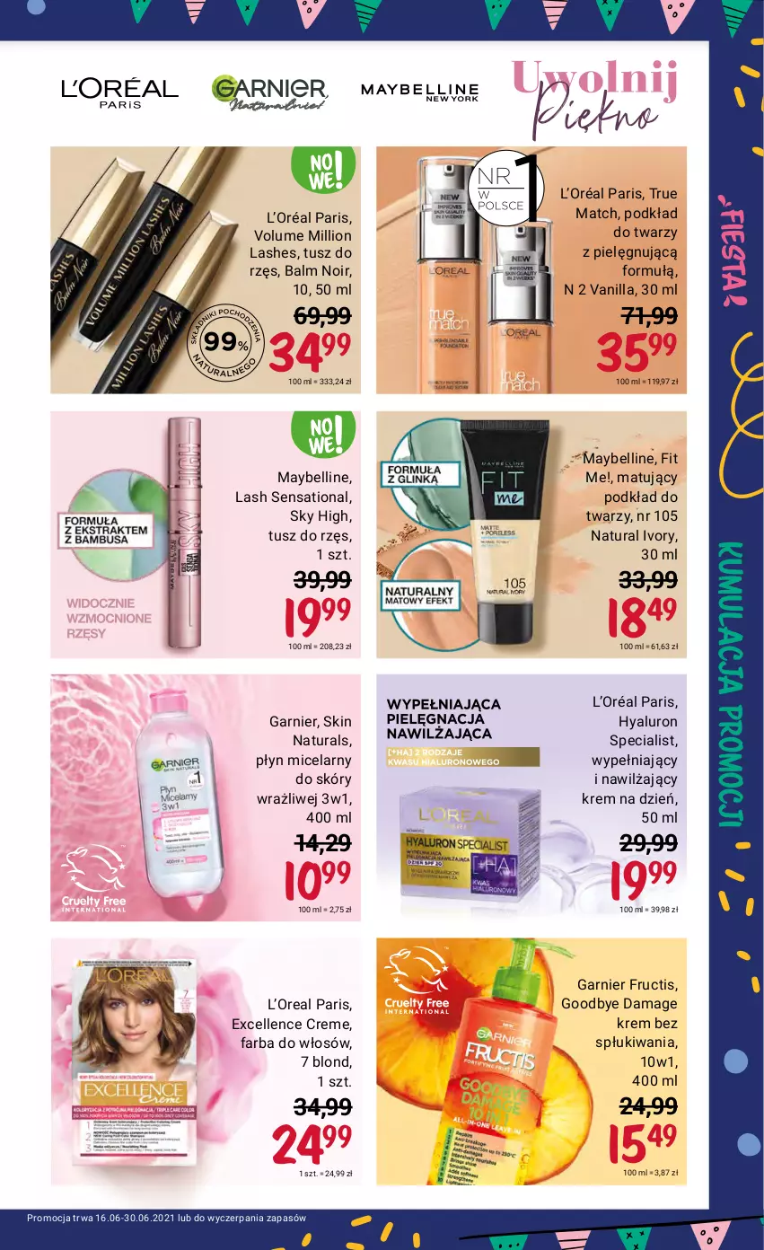 Gazetka promocyjna Rossmann - Fiesta - ważna 16.06 do 30.06.2021 - strona 9 - produkty: Bell, Fa, Farba do włosów, Fructis, Garnier, Krem na dzień, L’Oréal, Lion, Maybelline, Płyn micelarny, Podkład, Podkład do twarzy, Sati, Tusz