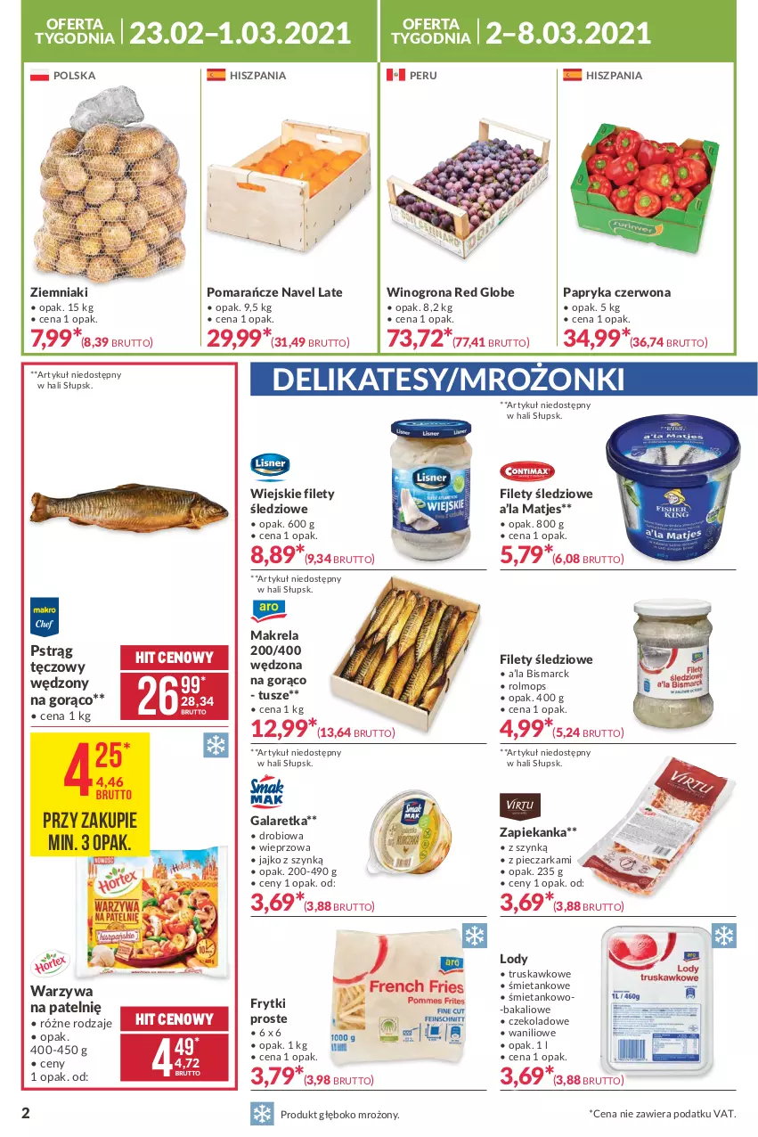 Gazetka promocyjna Makro - [Oferta promocyjna] Artykuły spożywcze i przemysłowe - ważna 23.02 do 08.03.2021 - strona 2 - produkty: Frytki, Gala, Galaretka, Lody, Mop, Papryka, Papryka czerwona, Piec, Pieczarka, Pomarańcze, Pstrąg, Pstrąg tęczowy, Tusz, Warzywa, Wino, Winogrona, Zapiekanka, Ziemniaki