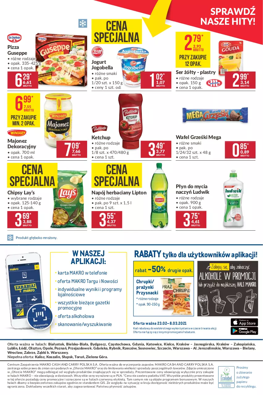 Gazetka promocyjna Makro - [Oferta promocyjna] Artykuły spożywcze i przemysłowe - ważna 23.02 do 08.03.2021 - strona 20 - produkty: Bell, Bella, Chipsy, Chrupki, Do mycia naczyń, Gra, Grześki, Jogobella, Jogurt, Ketchup, Kosz, Lay’s, Lipton, Ludwik, Majonez, Napój, Papier, Piec, Pizza, Płyn do mycia, Płyn do mycia naczyń, Przysnacki, Rum, Ser, Sos, Szal, Telefon