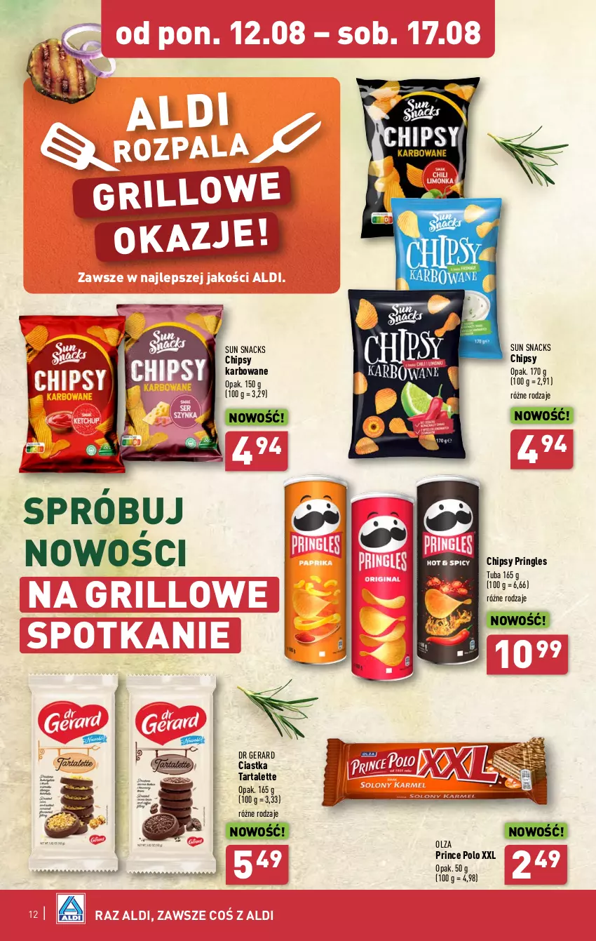 Gazetka promocyjna Aldi - Pełna oferta - ważna 12.08 do 17.08.2024 - strona 12 - produkty: Chipsy, Ciastka, Dr Gerard, Grill, Prince Polo, Pringles, Tarta