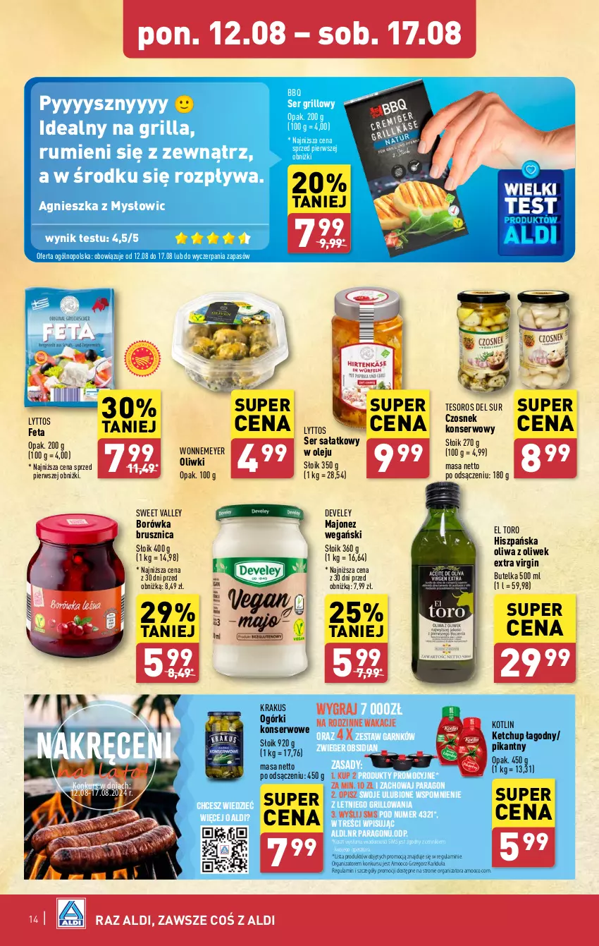 Gazetka promocyjna Aldi - Pełna oferta - ważna 12.08 do 17.08.2024 - strona 14 - produkty: Borówka, Borówka brusznica, Czosnek, Feta, Gin, Gra, Grill, Ketchup, Kosz, Kotlin, Krakus, Majonez, Olej, Oliwa, Oliwa z oliwek, Oliwki, Rum, Sałat, Ser