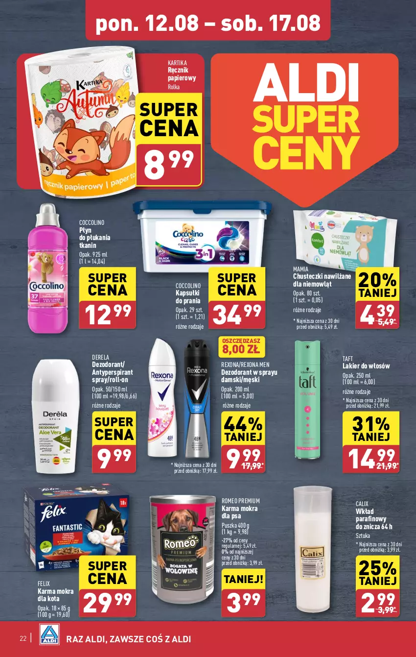 Gazetka promocyjna Aldi - Pełna oferta - ważna 12.08 do 17.08.2024 - strona 22 - produkty: Antyperspirant, Chusteczki, Coccolino, Dezodorant, Felix, Kapsułki do prania, Lakier, Lakier do włosów, Papier, Płyn do płukania, Ręcznik, Rexona, Taft, Znicz