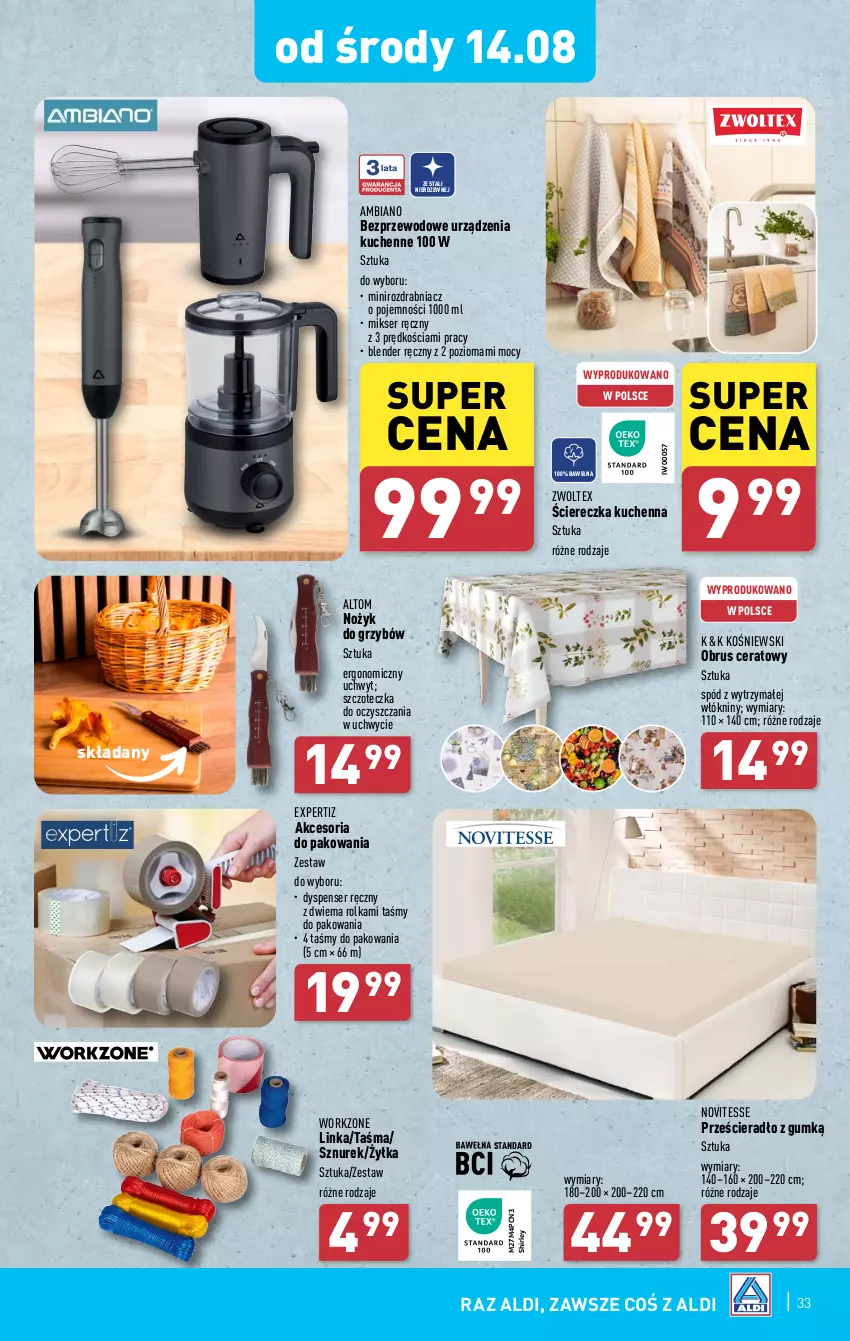 Gazetka promocyjna Aldi - Pełna oferta - ważna 12.08 do 17.08.2024 - strona 33 - produkty: Akcesoria do pakowania, Blender, Blender ręczny, Inka, Mikser, Mikser ręczny, Noż, Obrus, Prześcieradło, Rozdrabniacz, Ser, Szczoteczka, Sznurek, Wełna