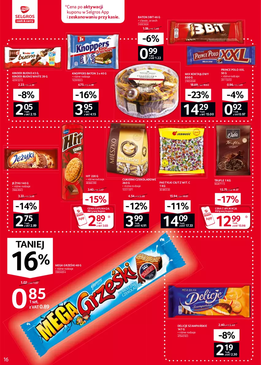 Gazetka promocyjna Selgros - Oferta spożywcza - ważna 04.02 do 17.02.2021 - strona 16 - produkty: Baton, Cukier, Cukierki, Cukierki czekoladowe, Delicje, Grześki, Jeżyki, Kinder, Kinder Bueno, Knoppers, LG, Pastylki, Prince Polo