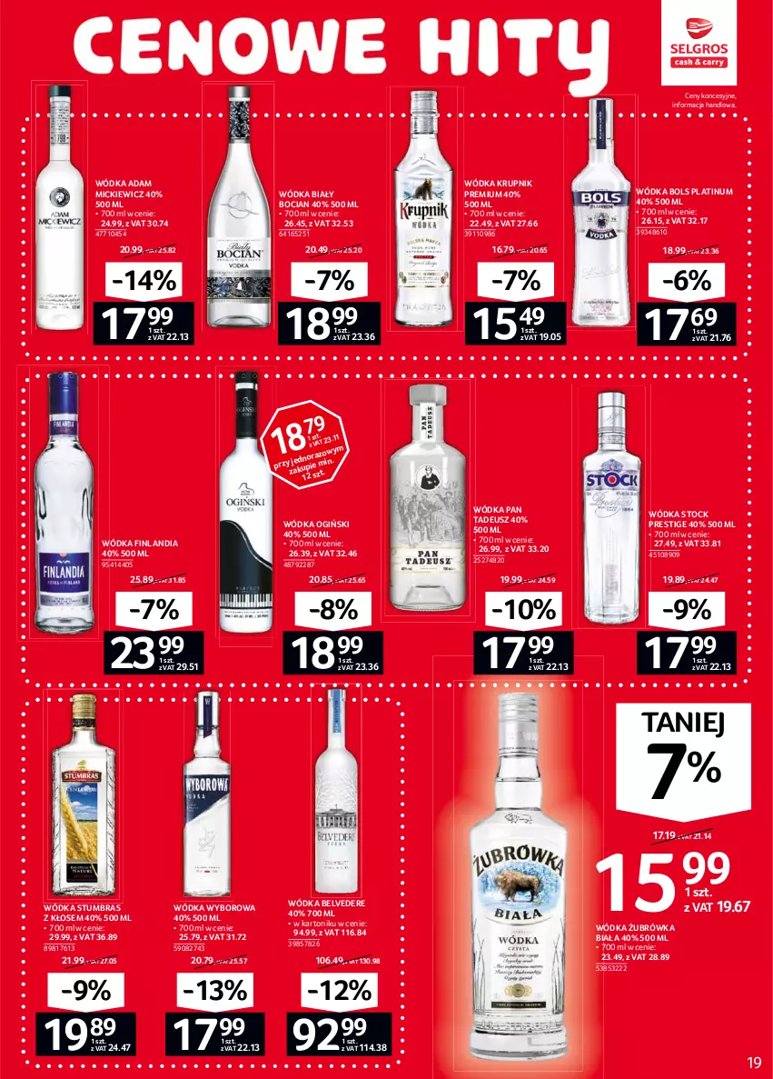 Gazetka promocyjna Selgros - Oferta spożywcza - ważna 04.02 do 17.02.2021 - strona 19 - produkty: Biały Bocian, Bols, Finlandia, Krupnik, Ogiński, Stock, Tonik, Wódka, Wyborowa