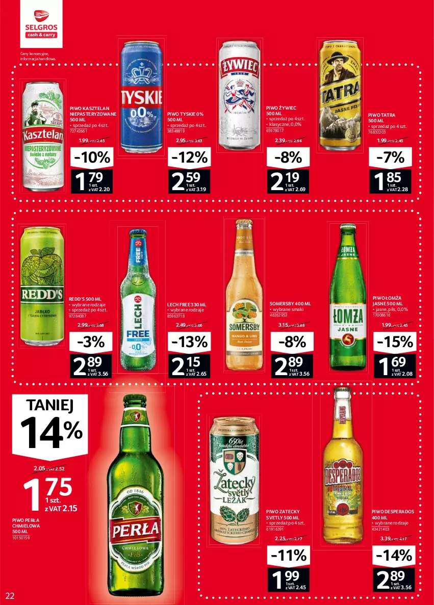 Gazetka promocyjna Selgros - Oferta spożywcza - ważna 04.02 do 17.02.2021 - strona 22 - produkty: Desperados, Kasztelan, Perła, Piwo, Somersby, Tatra, Tyskie