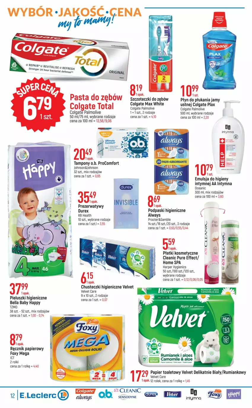 Gazetka promocyjna E Leclerc - ważna 18.10 do 29.10.2022 - strona 12 - produkty: Always, Bell, Bella, Chusteczki, Cleanic, Colgate, Durex, Emulsja, Foxy, LG, O.B., Palmolive, Papier, Papier toaletowy, Pasta do zębów, Płatki kosmetyczne, Płyn do płukania, Podpaski, Prezerwatyw, Pur, Ręcznik, Rolki, Rum, Sensodyne, Tampony, Velvet