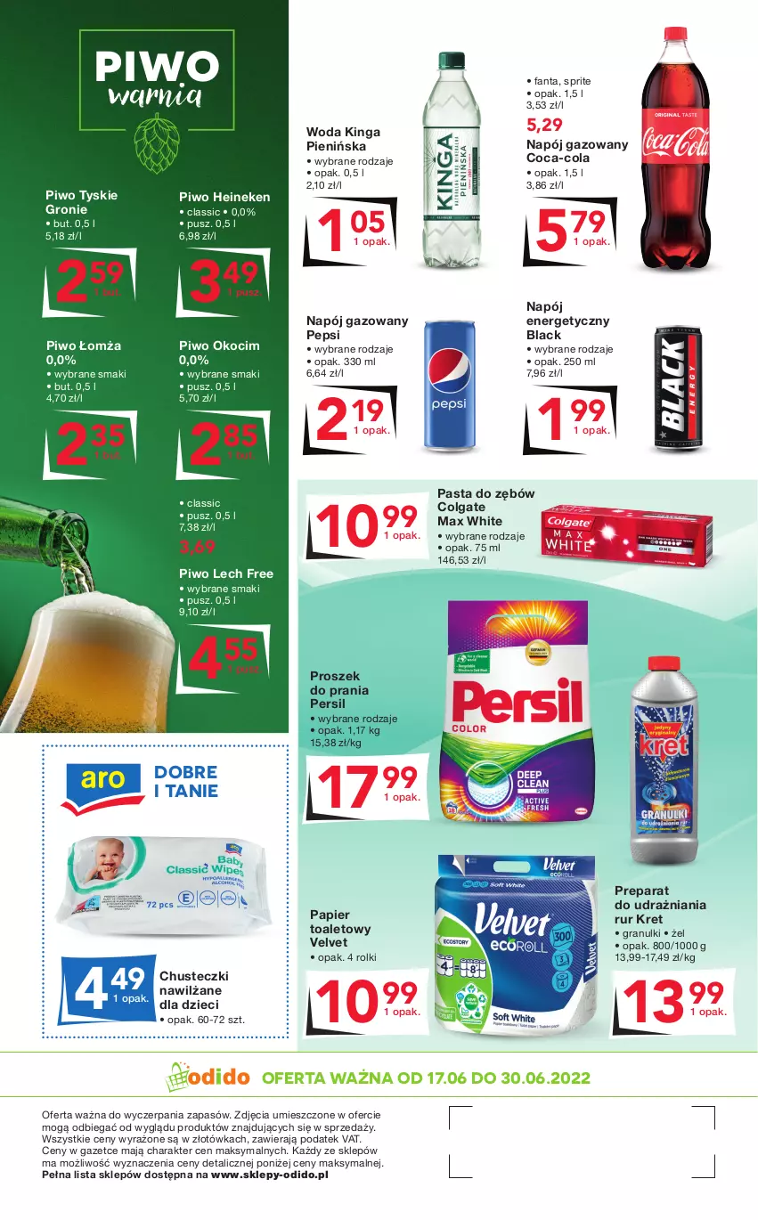 Gazetka promocyjna Odido - Lato wita okazjami! - ważna 17.06 do 30.06.2022 - strona 4 - produkty: Chusteczki, Coca-Cola, Colgate, Dzieci, Fa, Fanta, Gra, Heineken, Koc, Kret, Lack, LG, Napój, Napój energetyczny, Napój gazowany, Okocim, Papier, Papier toaletowy, Pasta do zębów, Pepsi, Persil, Piwo, Proszek do prania, Rolki, Sprite, Tyskie, Velvet, Woda