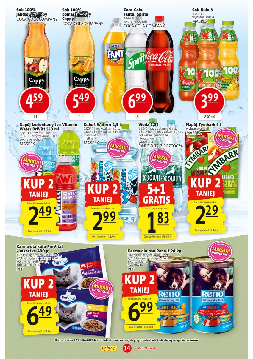 Gazetka promocyjna Prim Market - ważna 22.06 do 28.06.2023 - strona 14 - produkty: Cappy, Coca-Cola, Fa, Fanta, Królik, Kubuś, Kubuś Waterrr, Kurczak, Napój, Napój izotoniczny, Sok, Sprite, Tymbark, Woda, Wołowina