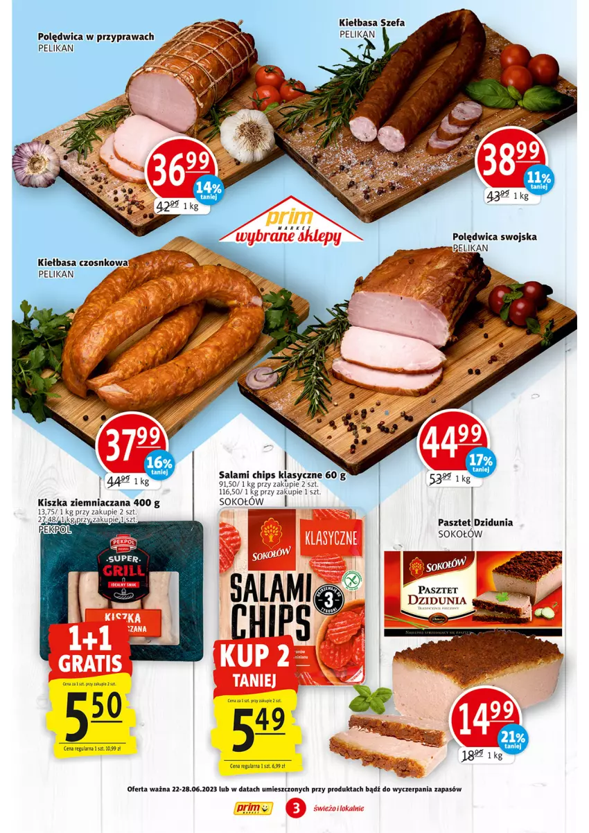 Gazetka promocyjna Prim Market - ważna 22.06 do 28.06.2023 - strona 3 - produkty: Fa, Kiełbasa, Pasztet, Polędwica, Salami, Sok, Sokołów