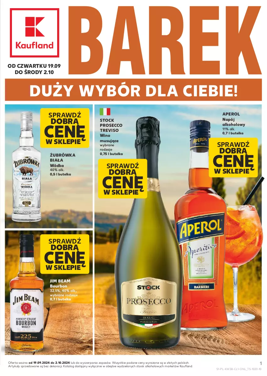 Gazetka promocyjna Kaufland - Barek Kauflandu - ważna 19.09 do 02.10.2024 - strona 1 - produkty: Aperol, Bourbon, Jim Beam, Mus, Napój, Prosecco, Stock, Wino, Wino musujące, Wódka