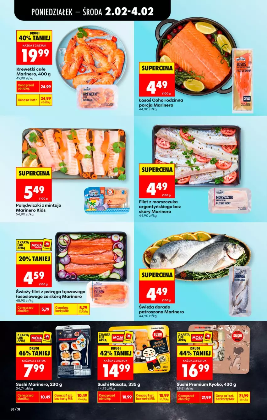 Gazetka promocyjna Biedronka - Gazetka - ważna 02.02 do 09.02.2026 - strona 38 - produkty: Filet z pstrąga, Filet ze skóra, Krewetki, Mintaj, Pstrąg, Sos, Sushi