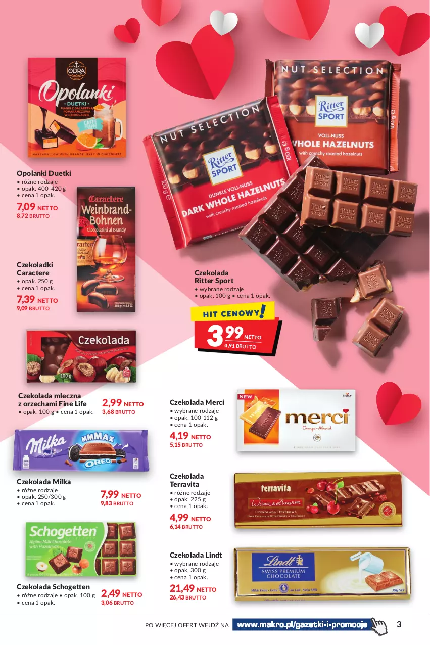 Gazetka promocyjna Makro - [Oferta specjalna] Walentynki - ważna 08.02 do 21.02.2022 - strona 3 - produkty: Czekolada, Czekolada mleczna, Lanki, Lindt, Merci, Milka, Por, Ritter Sport, Schogetten, Sport