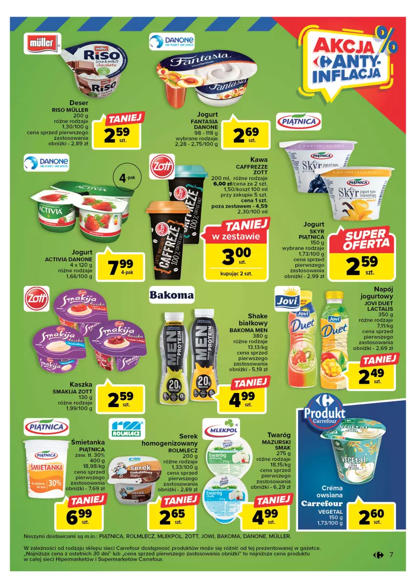 Gazetka promocyjna Carrefour - Gazetka Targ świeżości - ważna 15.05 do 20.05.2023 - strona 7 - produkty: Activia, Bakoma, Danone, Deser, Fa, Fanta, Jogurt, Kawa, Kosz, Napój, Napój jogurtowy, Piątnica, Rolmlecz, Ser, Serek, Smakija, Twaróg, Vegeta, Znicz, Zott