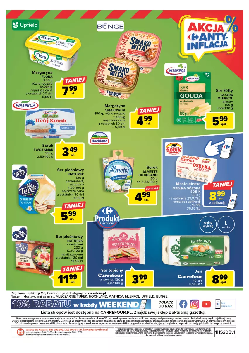 Gazetka promocyjna Carrefour - Gazetka Targ świeżości - ważna 15.05 do 20.05.2023 - strona 8 - produkty: Almette, Camembert, Flora, Gra, Hochland, Margaryna, NaTurek, Piątnica, Ser, Ser pleśniowy, Ser topiony, Serek, Top, Twój Smak