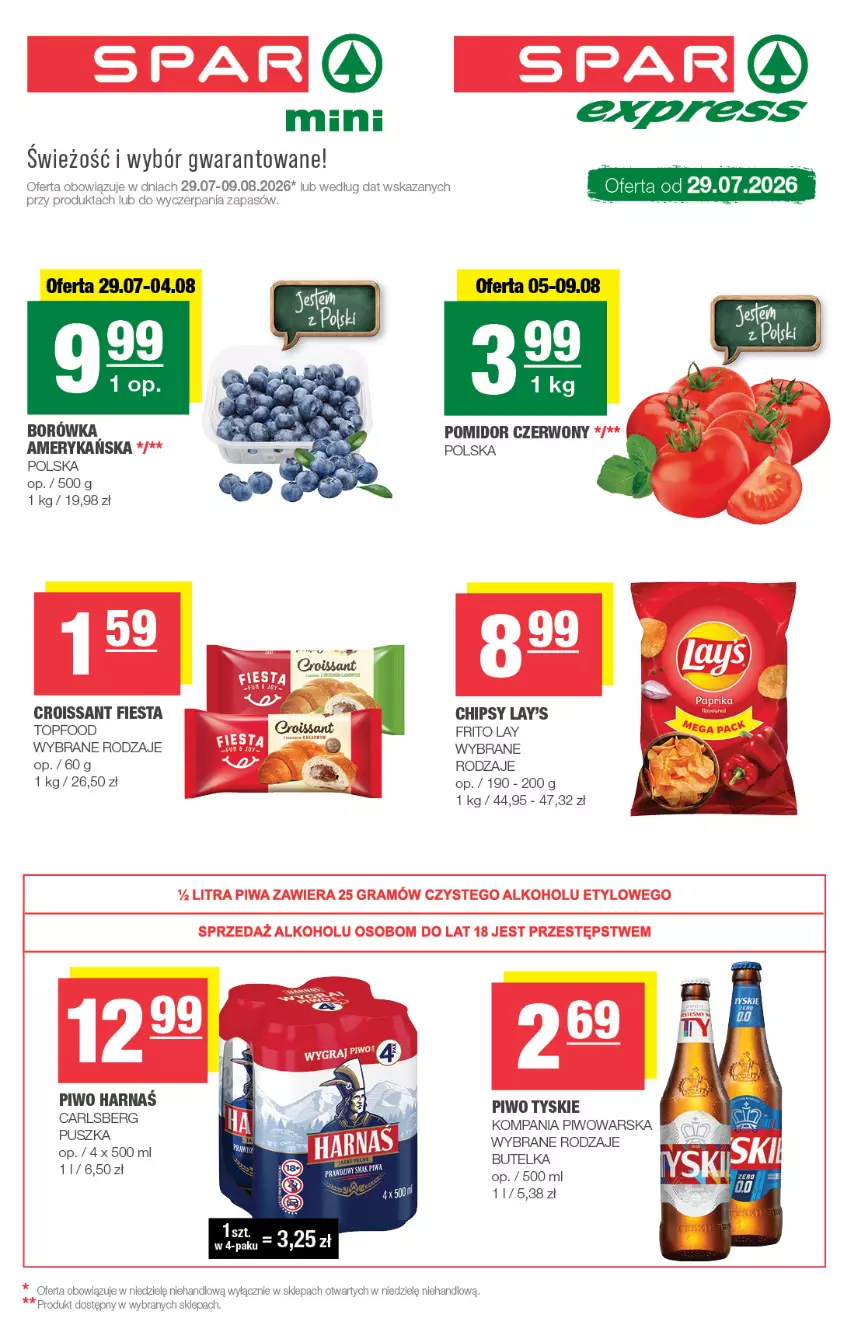 Gazetka promocyjna Spar - Spar-Mini - ważna 29.07 do 09.08.2026 - strona 1 - produkty: Borówka, Chipsy, Croissant, Harnaś, Piwo, Top, Tyskie