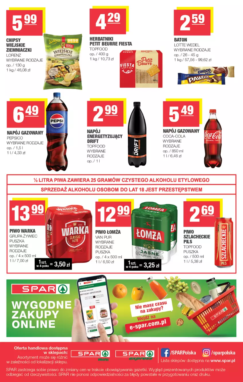 Gazetka promocyjna Spar - Spar-Mini - ważna 29.07 do 09.08.2026 - strona 4 - produkty: Baton, Chipsy, Coca-Cola, Herbatniki, Lorenz, Napój, Napój gazowany, Pepsi, Piwo, Pur, Top, Warka