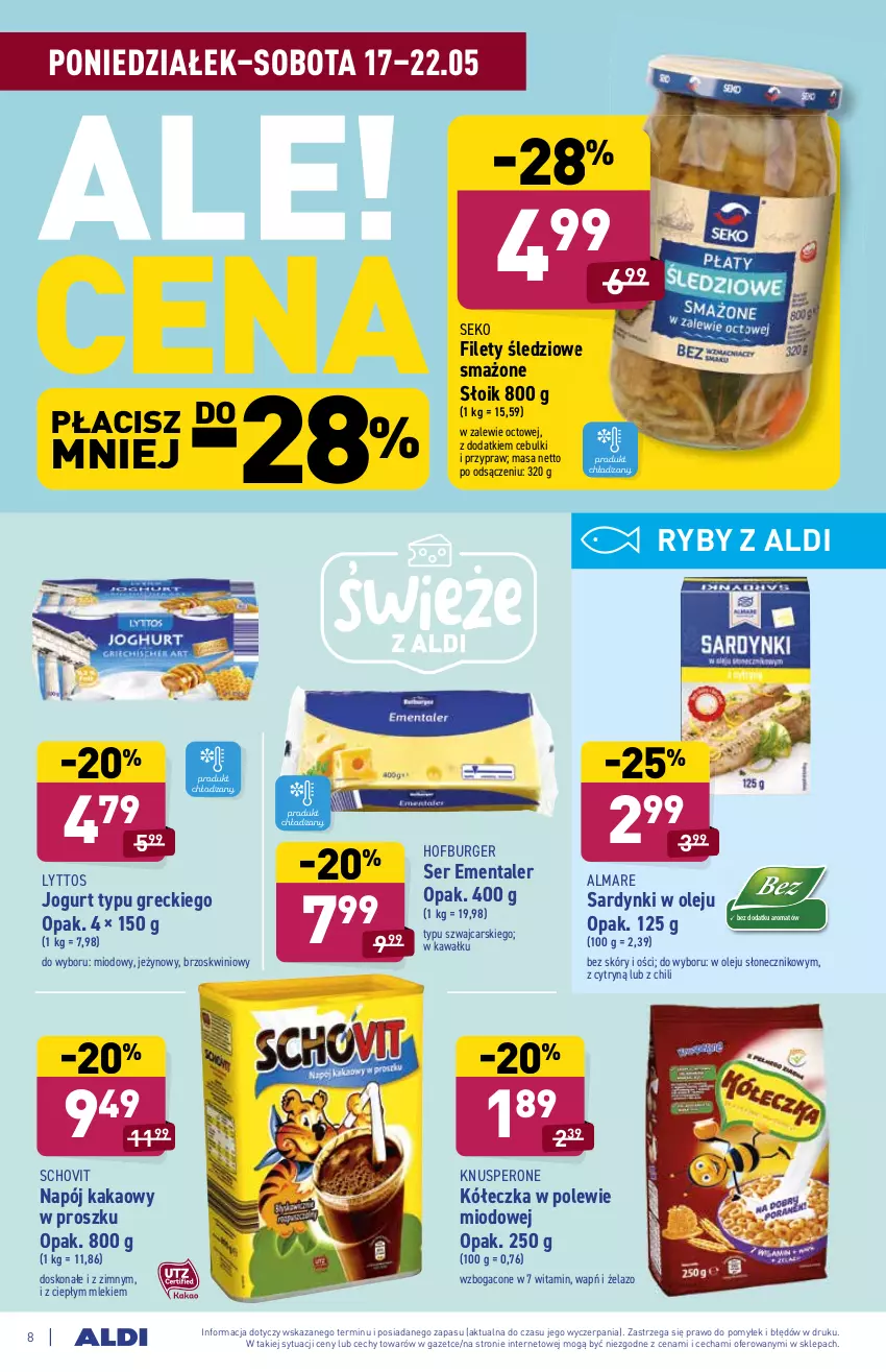 Gazetka promocyjna Aldi - ważna 17.05 do 22.05.2021 - strona 8 - produkty: Burger, Cars, Ementaler, Hofburger, Jogurt, Kakao, Kawa, Napój, Olej, Sardynki, SEKO, Ser